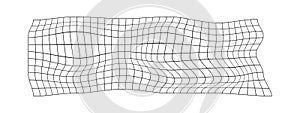 Distorted grid texture. Warped mesh surface. Horizontal net with curvatured effect. Checkered pattern deformation. Black