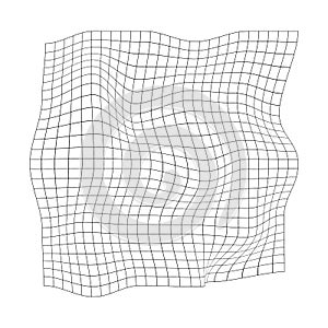 Distorted grid texture. Warped mesh. Trippy optical illusion. Curvatured fish net. Checkered pattern deformation. Bented