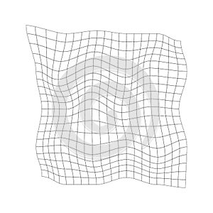 Distorted grid texture. Warped retrofuturistic mesh. Net with curvatured effect. Chequered pattern deformation. Bented