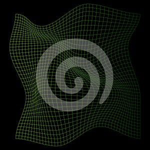 Distorted neon grid pattern. Wireframe wave geometry grid. Warped mesh texture. Curved mesh elements. Vector illustration