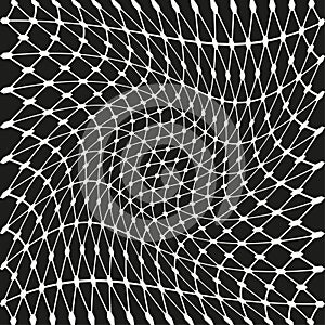 Distorted net pattern. Optical illusion vector. Black curved grid. Abstract warped shape.