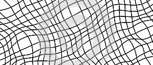 Distorted outline wireframe background. Abstract wavy checkerboard wallpaper. Warped curved grid surface pattern. Black