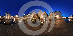 Distorted panorama of the Graslei, quay in the promenade next to river and St Michael`s Bridg