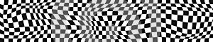 Distorted plaid, chessboard or race flag texture. Checkered optical illusion. Psychedelic pattern with warped black and