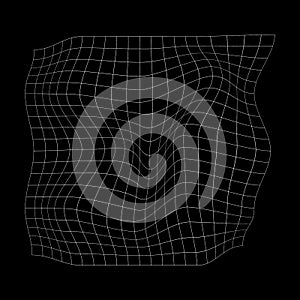 Distorted square grid. Warped mesh texture. Curvatured net. Checkered pattern deformation. Bented white lattice surface