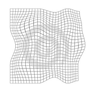 Distorted square grid. Warped mesh texture. Net with curvatured effect. Chequered pattern deformation. Bented lattice