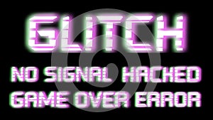 Distorted text sign on black backdrop. Glitch text on old video template. Retro pixel VHS noise background. Vector illustration