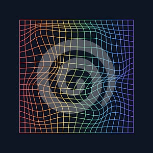 Distorted and warped rainbow laser grid on dark background. Retrowave, synthwave, rave, vaporwave.Trendy retro 1980s, 90s style