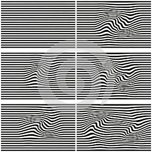 Distorted wave grid monochrome texture lines template. Editable abstract mesh dynamical rippled surface.