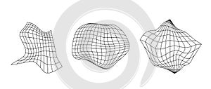 Distorted wireframe elements collection. Geometric surface grid set. Distorted rhomb and sphere shapes and wavy
