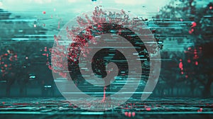 distortion cinematic style of a glitching tree