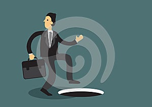 Distracted Business Professional Unaware of Man Hole Cartoon Vector Illustration