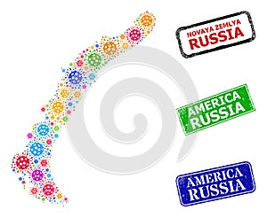 Distress America Russia Seals and Colorful Bacterium Novaya Zemlya Islands Map Composition