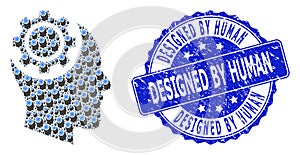 Distress Designed by Human Round Stamp and Recursion Human Intellect Gear Icon Composition