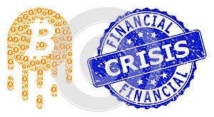 Distress Financial Crisis Round Seal Stamp and Recursive Melting Bitcoin Icon Mosaic