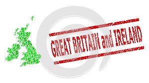 Distress Great Britain and Ireland Stamp Seal and Green People and Dollar Mosaic Map of Great Britain and Ireland