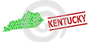 Distress Kentucky Stamp Print and Green People and Dollar Mosaic Map of Kentucky State