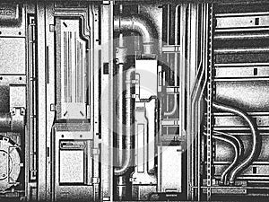 Distress old rusted peeled, scrathed metal vector texture with pipes, wiring, scheme. EPS8 illustration