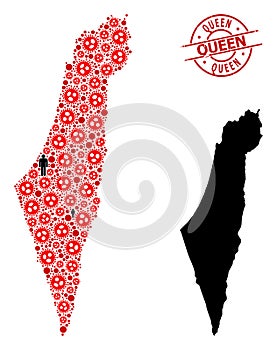 Distress Queen Badge and Men with Covid Virus Mosaic Map of Israel