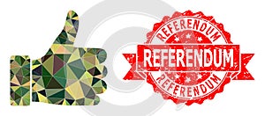 Distress Referendum Stamp and Thumb Up Low-Poly Mocaic Military Camouflage Icon