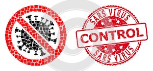 Distress Sars Virus Control Stamp and Square Dot Collage Stop Coronavirus