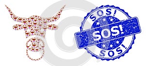 Distress Sos! Round Stamp and Recursion Bull Head Icon Mosaic