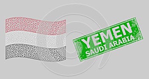 Distress Yemen Saudi Arabia Stamp and Wire Frame Mesh Waving Yemen Flag