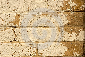 Distressed beige paint on tan brick wall
