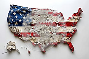 Distressed cracked and dirty Map of united states with the American flag colors on white background.