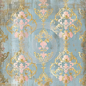 distressed damask background in vintage dusty blue color, digital paper style