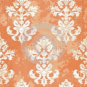 Distressed damask pattern on a rustic orange background.