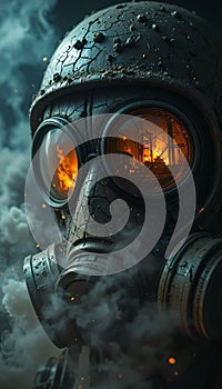Stylized Gas Mask with Fiery Background photo
