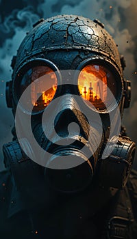 Stylized Gas Mask with Fiery Background photo