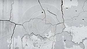Distressed Grey Concrete Wall with Deep Cracks and Peeling Plaster