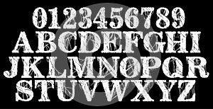 Distressed grunge font.Vector numbers and alphabet.
