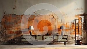 Distressed Orange Wall With Rustic Light Fixtures - Minimalist Room Design photo