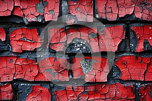 Distressed red painted brick wall texture background, vintage grunge brickwork with peeling paint.