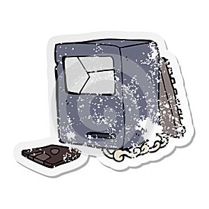 distressed sticker of a cartoon broken old computer