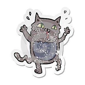 distressed sticker of a cartoon crazy excited cat