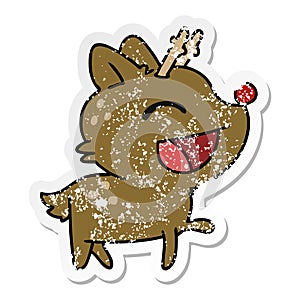 distressed sticker cartoon of cute red nosed reindeer photo