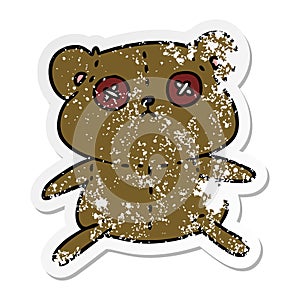 distressed sticker cartoon of a cute stiched up teddy bear