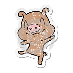 distressed sticker of a cartoon drunk pig