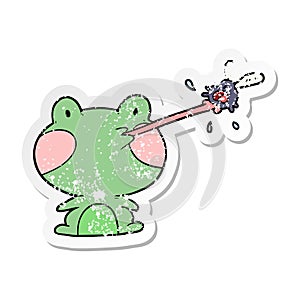 distressed sticker of a cartoon frog catching fly