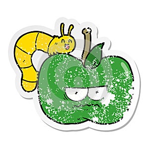 distressed sticker of a cartoon grumpy apple and caterpillar