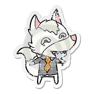 distressed sticker of a cartoon hungry wolf in office clothes