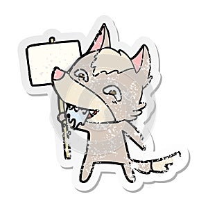 distressed sticker of a cartoon hungry wolf with sign post