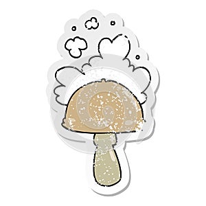 distressed sticker of a cartoon mushroom with spore cloud