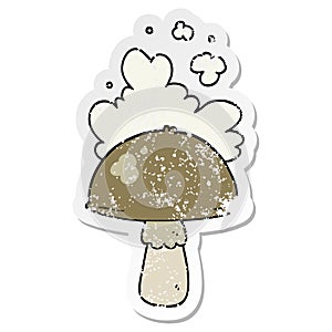 distressed sticker of a cartoon mushroom with spore cloud