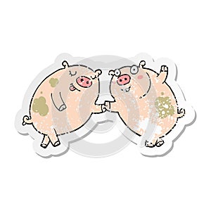 distressed sticker of a cartoon pigs dancing