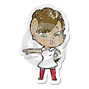 distressed sticker of a cartoon surprised girl pointing